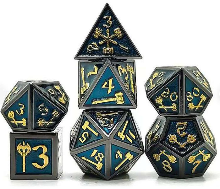 Image of metallic dnd dice with dark blue enamel panels, dark grey thick border edges and featuring gold numbers and gold weapons on each panel. Weapons include battle axes and war hammers