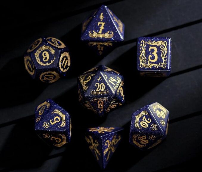image of blue sandston gemstone dnd dice with gold music motif