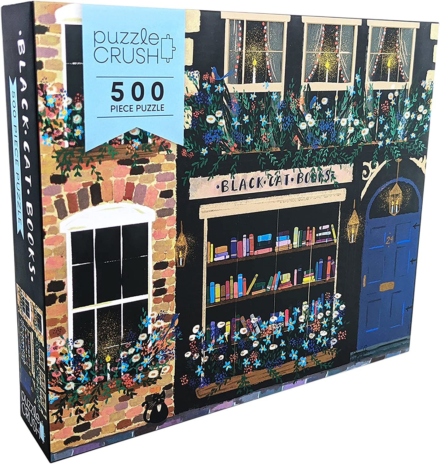 Image of a brick bookstore with colorful books, a bright blue door, and a black cat outside. 