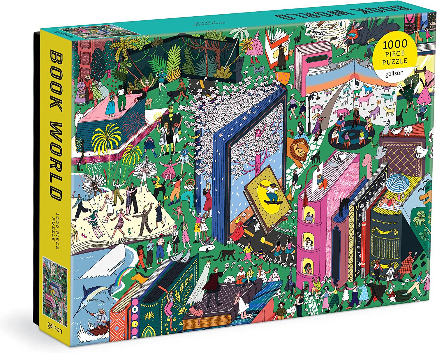 Image of a puzzle featuring books like they're city buildings. It is bright and colorful. 
