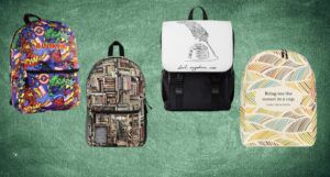 four book and comic-themed backpacks against a green chalkboard background