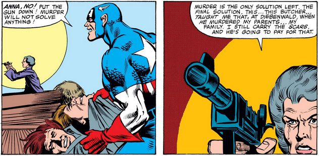 Captain America tries to convince Anna Kapplebaum not to murder the Nazi who killed her whole family.