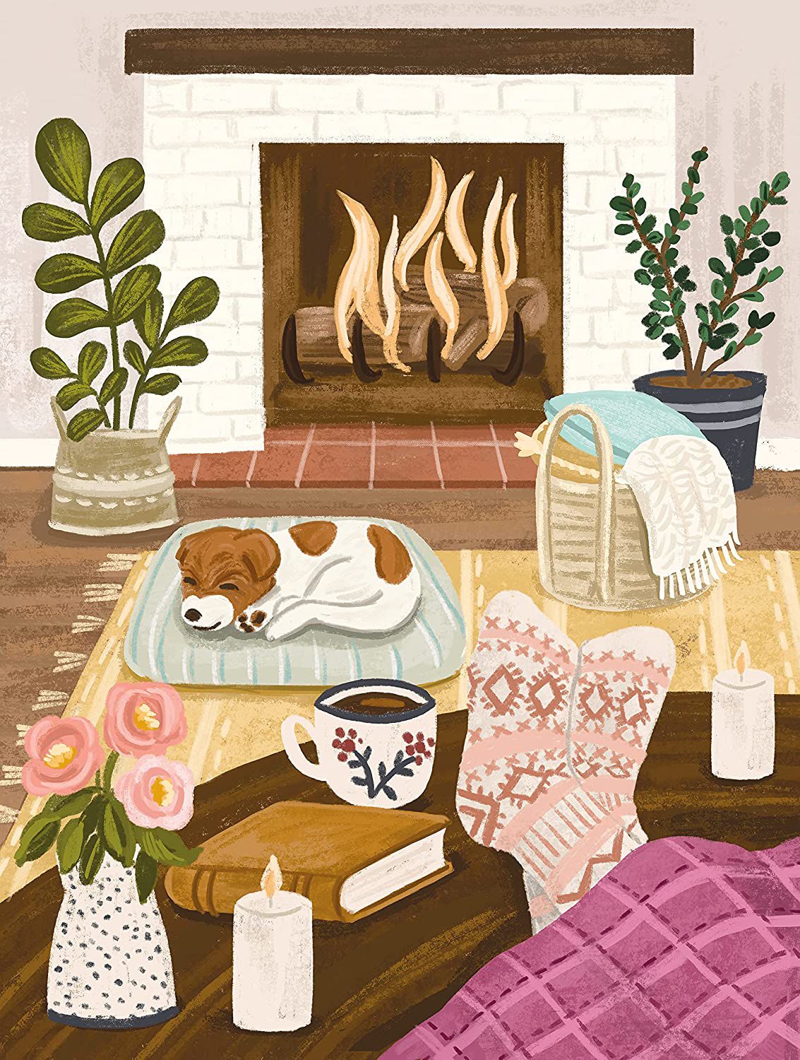 Image of a cozy puzzle scene featuring a fire place, blanket, candles, a sleeping dog, and a book. 