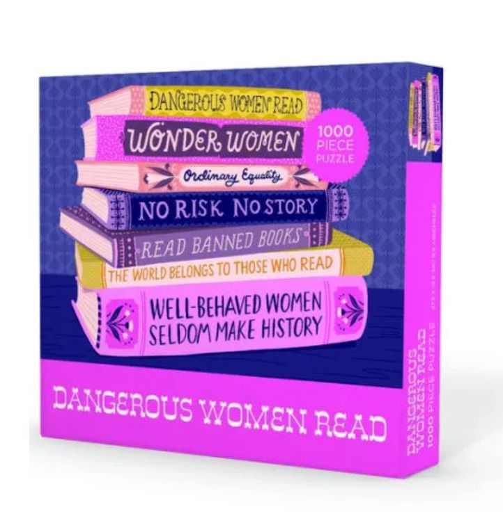 Image of a puzzle featuring book spines reading things like "dangerous women read."