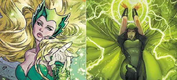 Two images: To the left, Marvel's Enchantress, and to the right, DC's Enchantress
