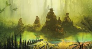 a cropped cover of River of Teeth, showing an illustration of a group of cowboys riding hippos across a swamp