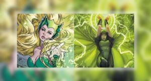 Two images: To the left, Marvel's Enchantress, and to the right, DC's Enchantress