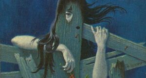 a cropped cover of We Have Always Lived in the Castle showing a girl looking through a hole in a fence