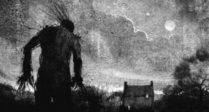 a cropped cover of A Monster Calls, showing a black and white illustration of the silhouette a monstrous humanoid figure walking towards a house at night