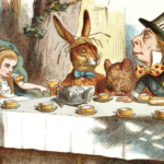 an illustration of Alice at the tea party, from the audiobook presented by Geoffrey Giuliano