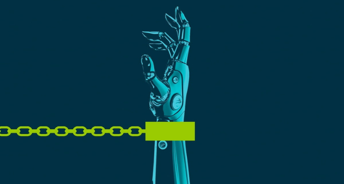 the cropped cover of Autonomous, showing a chained robot hand reaching out