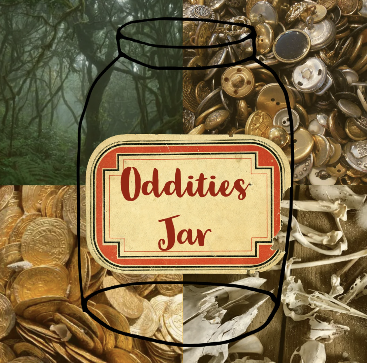 A drawing of a jar with a label "Oddities Jar". In the background are images of coins, buttons, creepy trees, and small animal bones. 