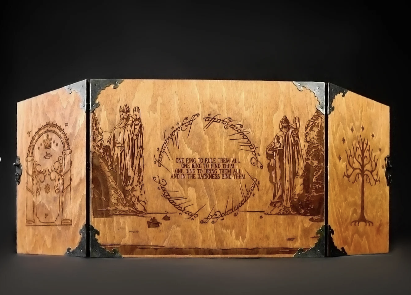 Dungeon Master Screen that is handmade from wood. 