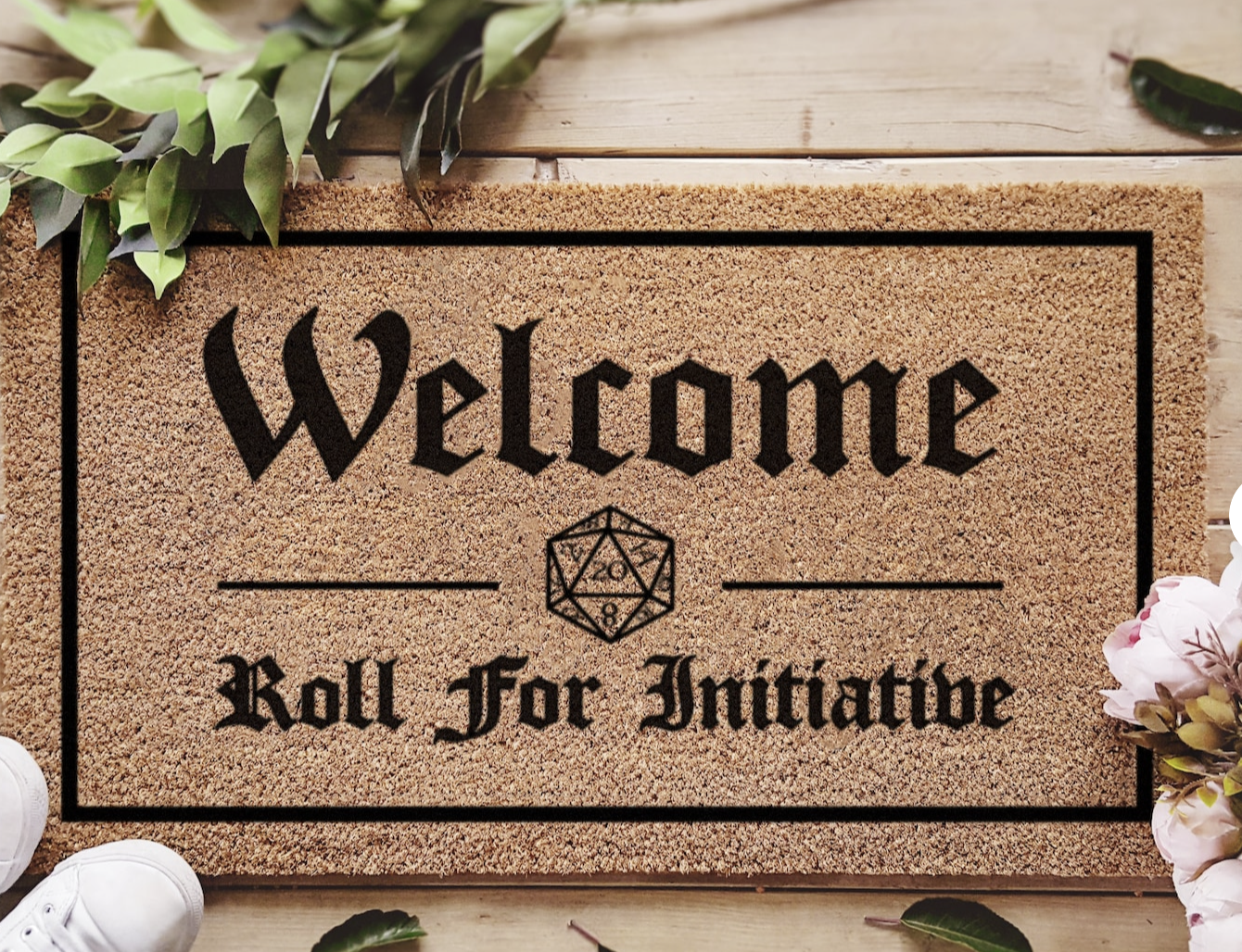 D&D Doormat with a d20 on it "Welcome: Roll For Initiative"