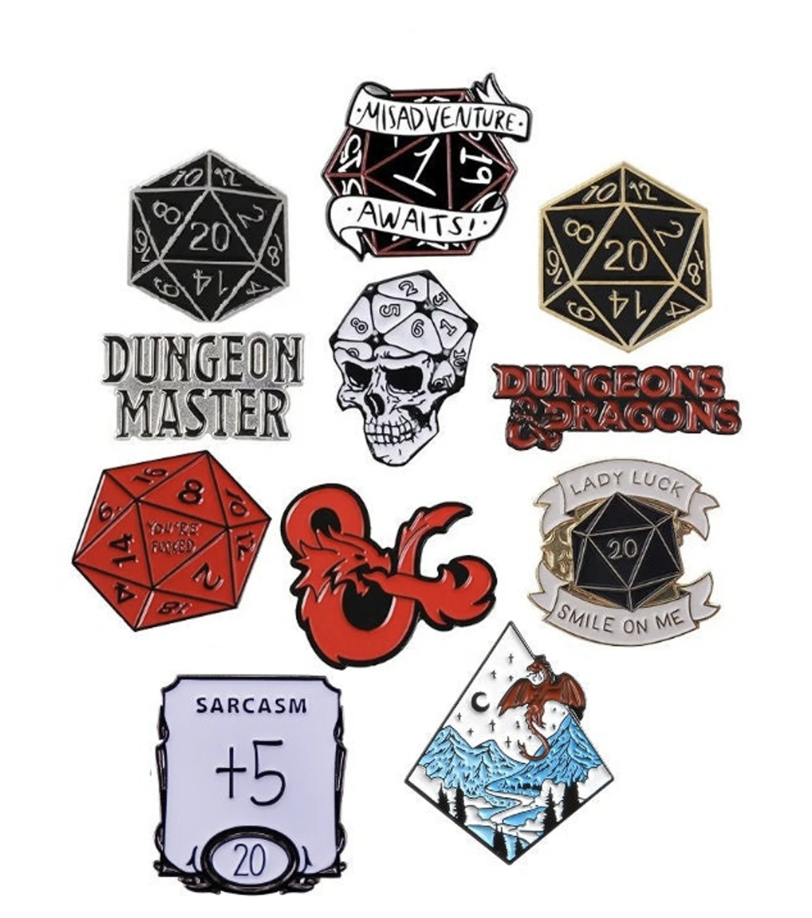 D&D Enamel Pins featuring a variety of D&D slogans and images 