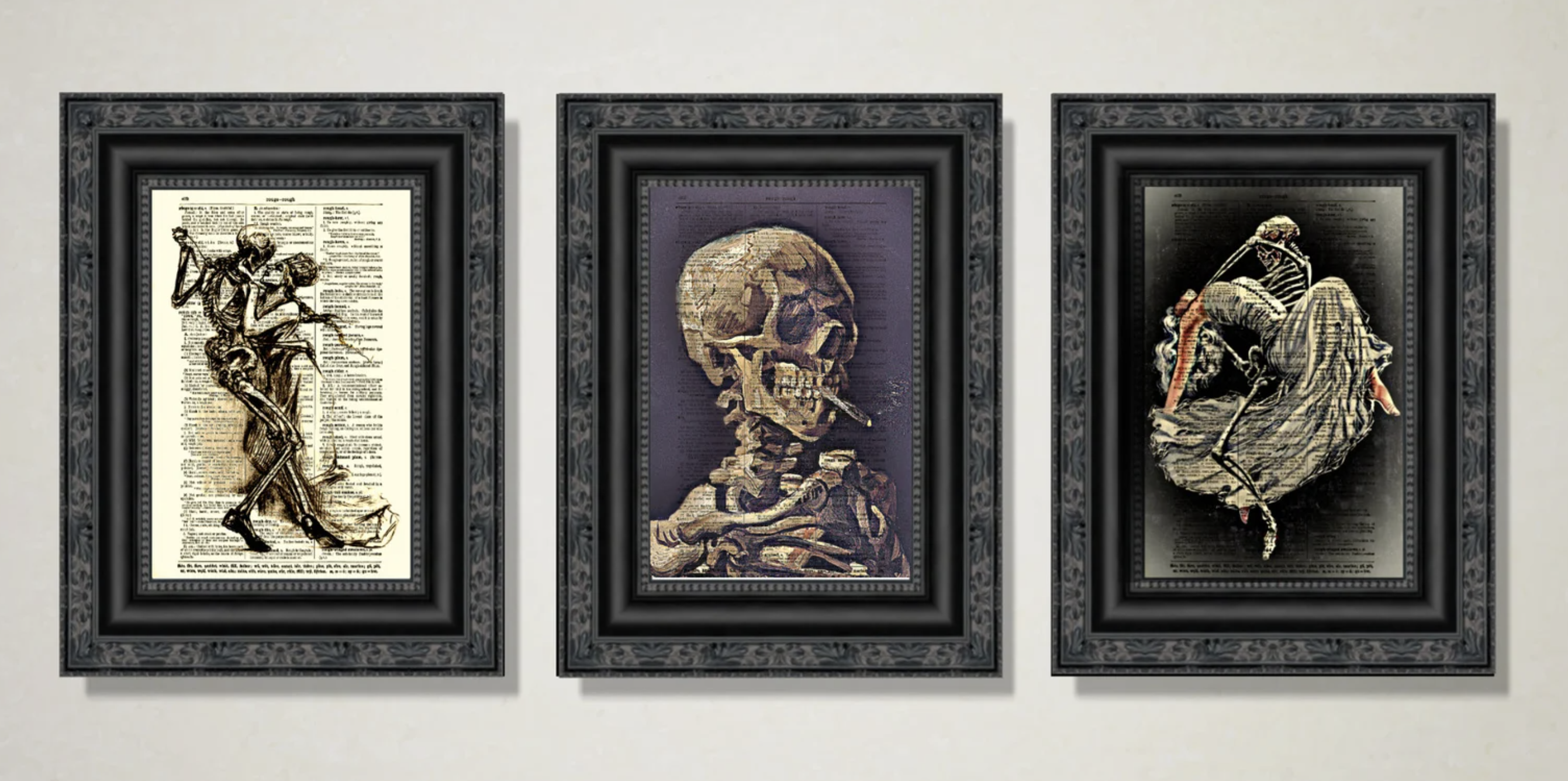 Three framed prints of skeletons in various poses, printed on old dictionary pages. 