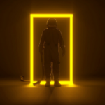 a photo of a person wearing a spacesuit in a dark area standing in a doorway light up bright yellow